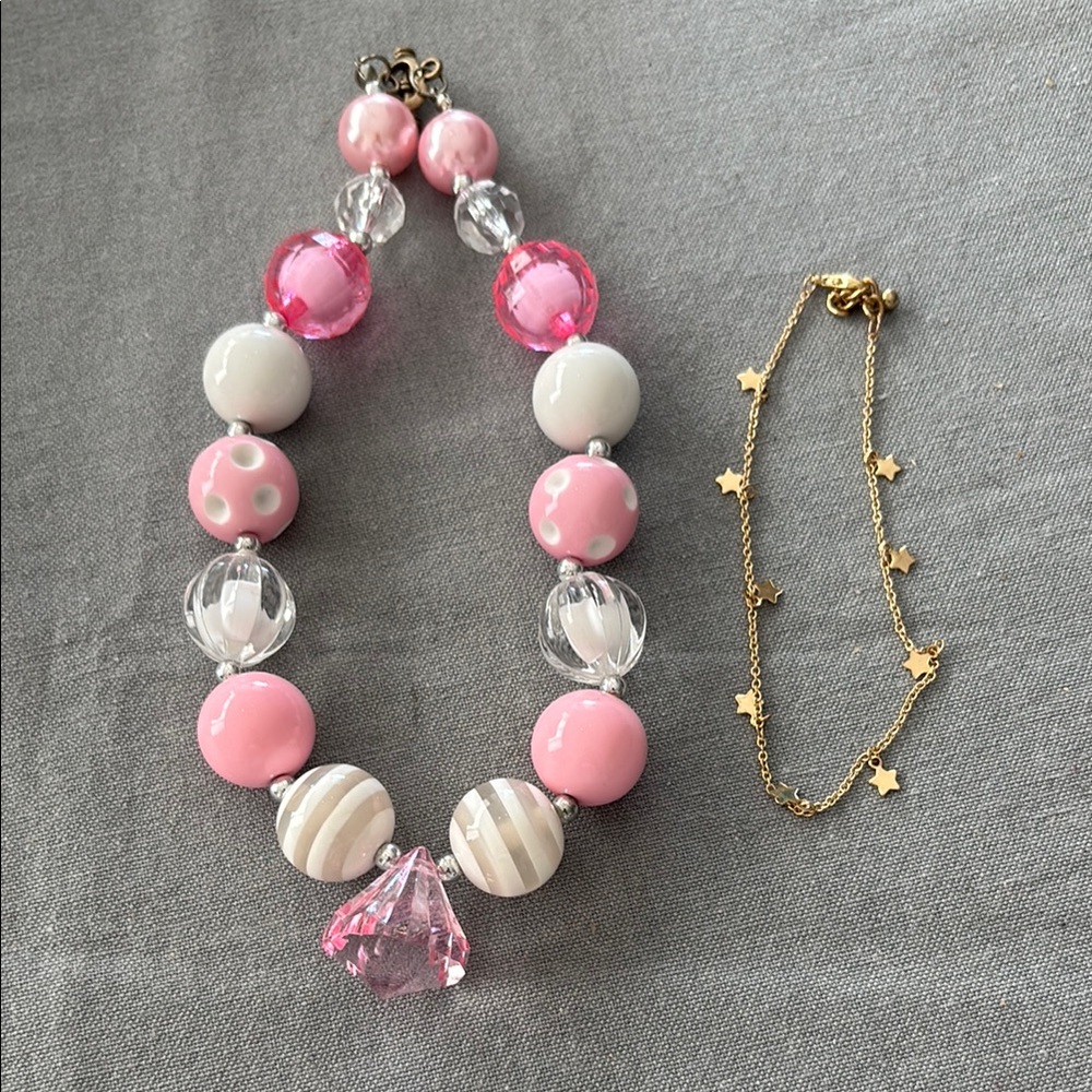 Pink and White Beaded Necklace with Gold Star Bracelet